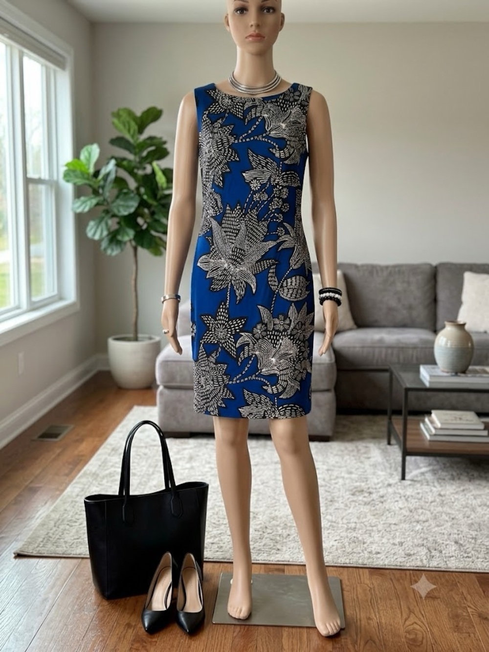connected apparel Royal Blue Floral Sheath Midi Dress